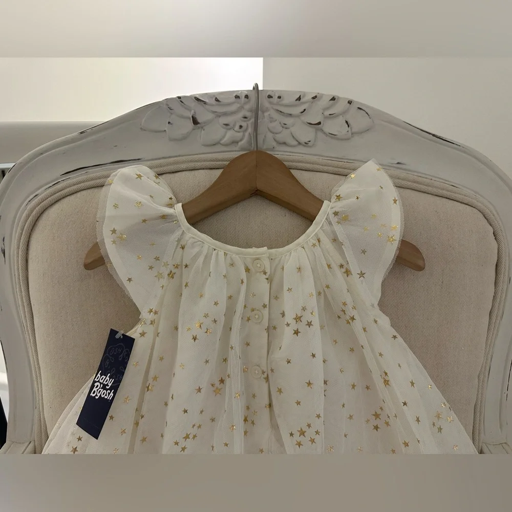 🦢 12 Mth Oshkosh Ivory Tulle Fancy Dress with Gold Star Details NWT - Picture 7 of 14